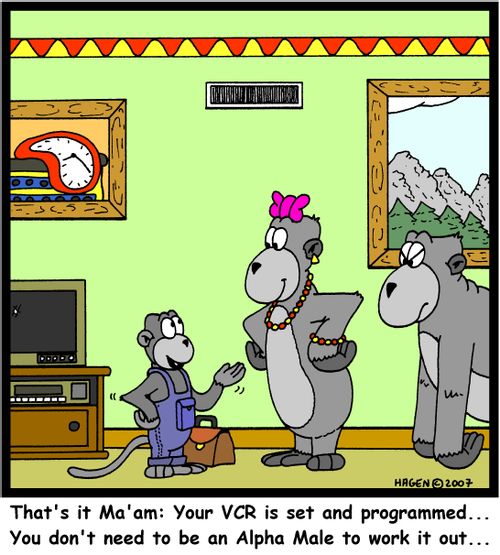 'That's it Ma'am: Your VCR is set and programmed... You don't need to be an Alpha Male to work it out...'