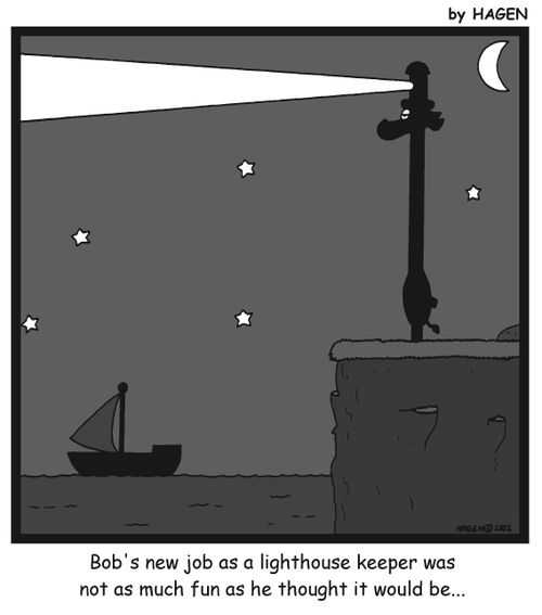 'Bob's new job as a lighthouse keeper was not as much fun as he thought it would be...'
