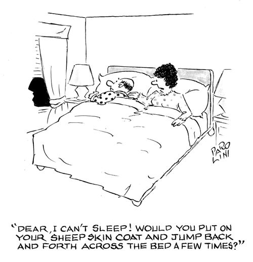 'Dear, I can't sleep! Would you put on your sheep skin coat and jump back and forth across the bed a few times?'