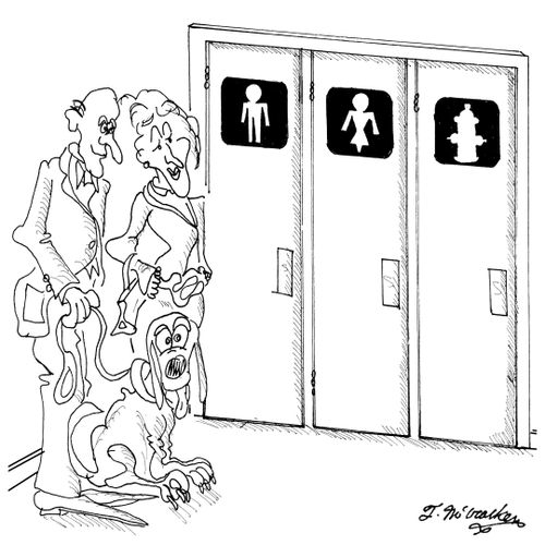 A couple with dog look at restroom signs of a man, a woman, and a fire hydrant.