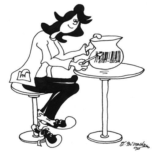 A potter paints a barcode on a pot.