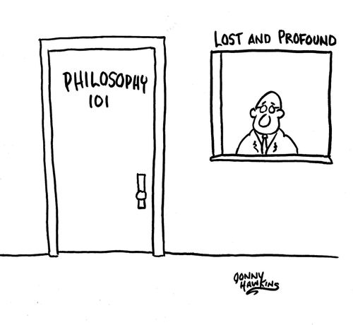 Philosophy class door is next to window: 'Lost and Profound'