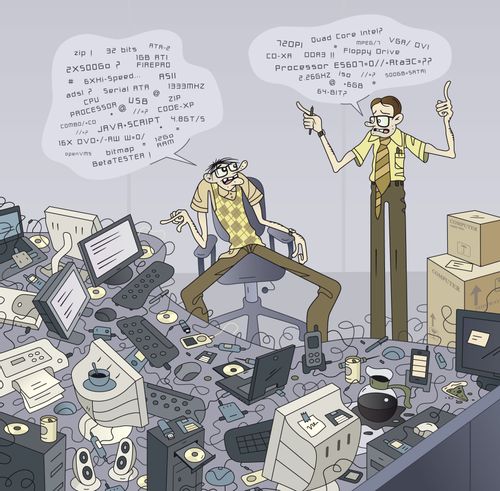 Conversation between two geeks in the IT department (IT jargon in bubbles)
