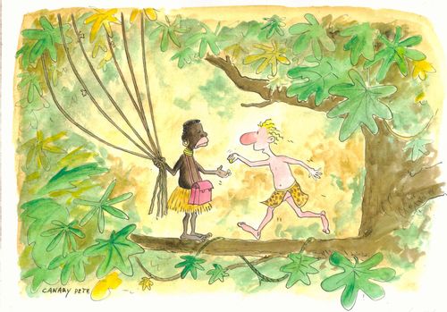 Jungle man paying someone to hold his vines.