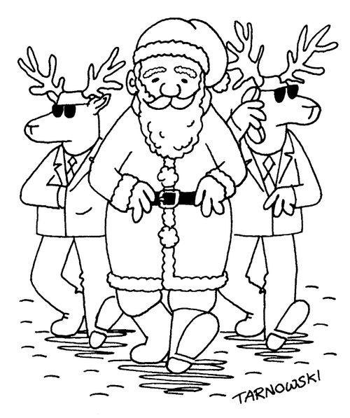 Santa with reindeer minders (black and white).