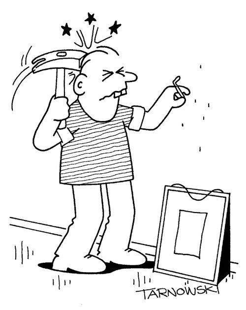 Man hitting himself in the head with a hammer.