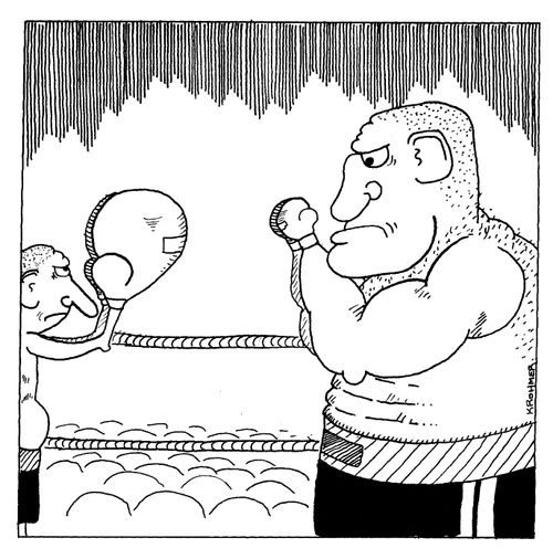 Small boxer with big gloves, big boxer with small gloves.