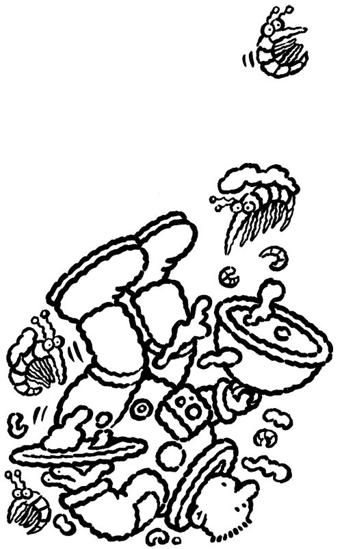 Spaceman serving shrimp.