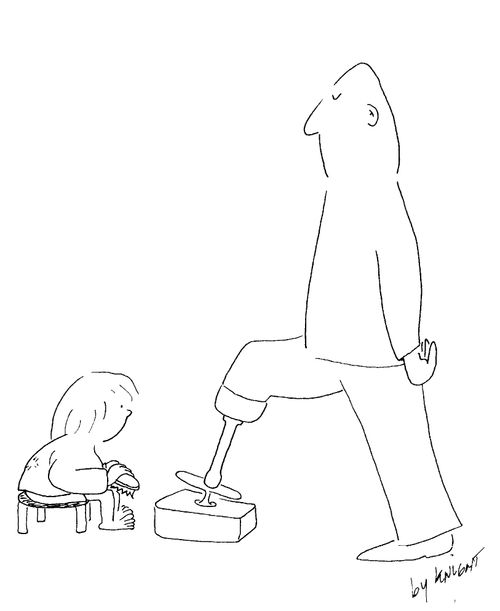 Man offering his false leg to a shoe shine boy.