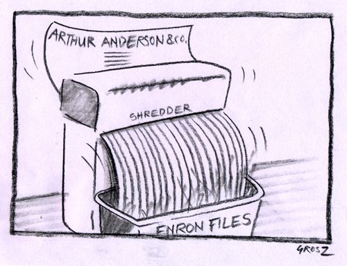 Arthur Andersen & Co found guilty of shredding important files during Enron investigation.