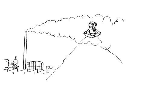 Practising yoga at the top of a hill with a gas mask on