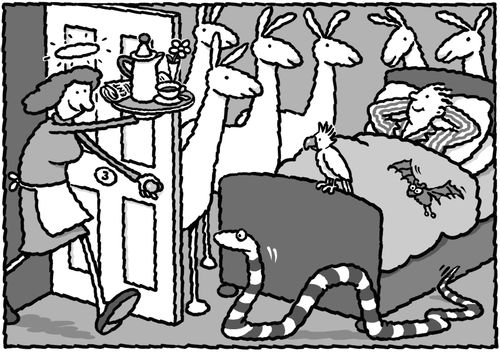 Maid bringing breakfast in bed to man with menagerie in hotel room
