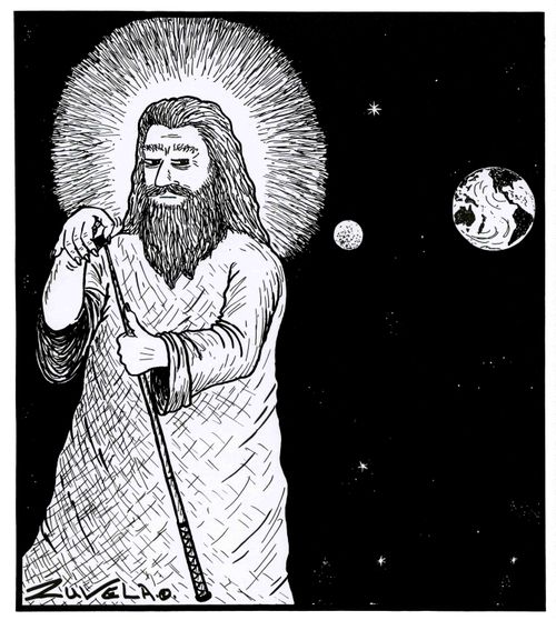God chalks up his pool cue.