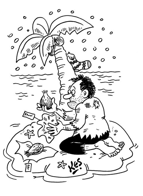 Man on a desert island unwraps his Christmas gifts. They're all coconuts.