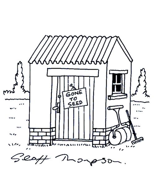 Sign on shed reads 'Gone to seed.'