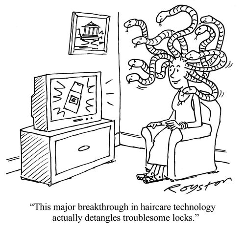 Medusa watching TV ad: 'This major breakthrough in haircare technology actually detangles troublesome locks.'
