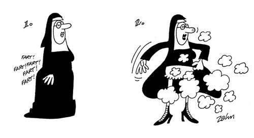 Nun shakes out the farts from under her habit.