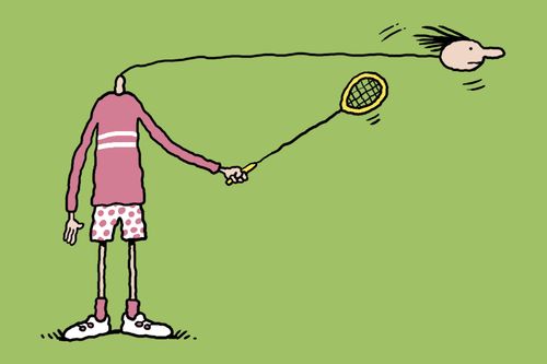 Man plays swingball with his head.