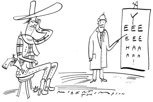 Cowboy reading letters at opticians spell YEEHAAA!