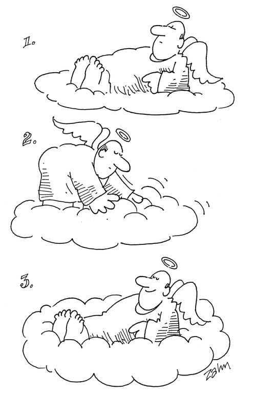 Angel plumps up cloud.