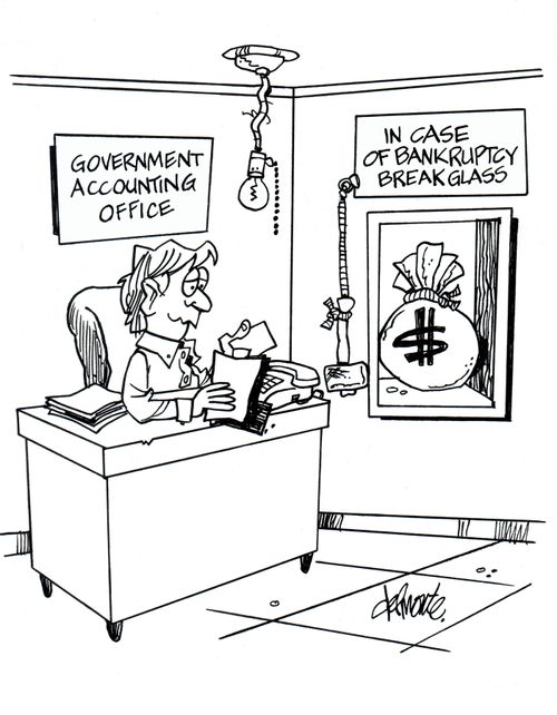 Woman in accounting office has a sign 'In Case Of Bankruptcy Break Glass', with a bag of money inside. 