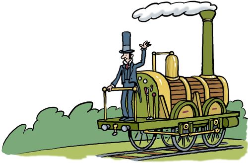 The inventor of an early steam engine on its maiden journey.