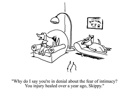 'Why do I say you're in denial about the fear of intimacy? Your injury healed over a year ago, Skippy.'