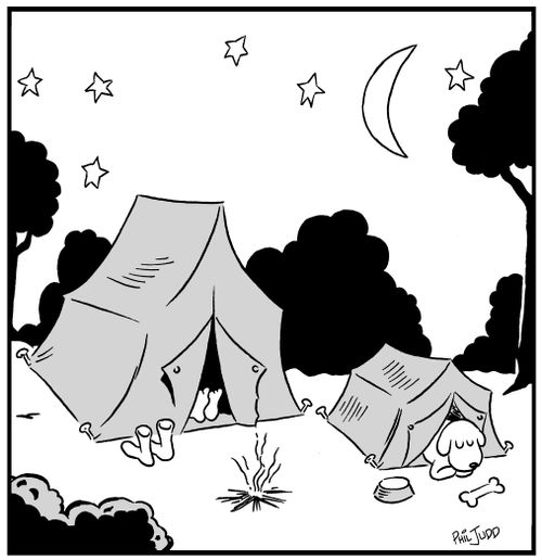 Man sleeping in his tent and a little tent for his dog.