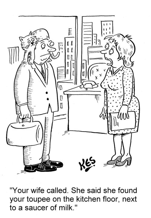 'Your wife called. She said she found your toupee on the kitchen floor, next to a saucer of milk.'