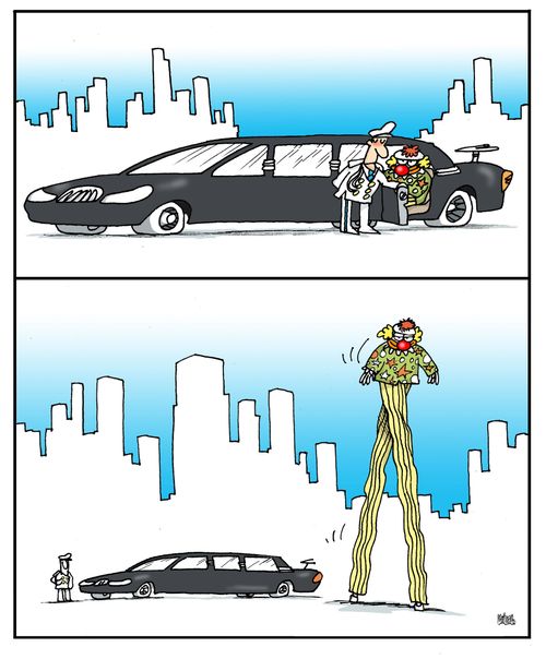 Clown getting out of car.