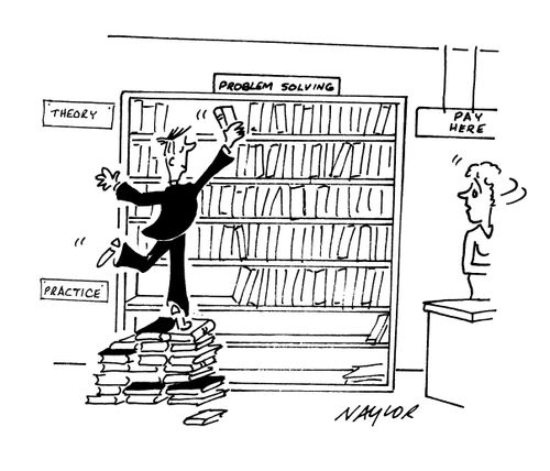 Man standing on books to reach 'problem solving' section.