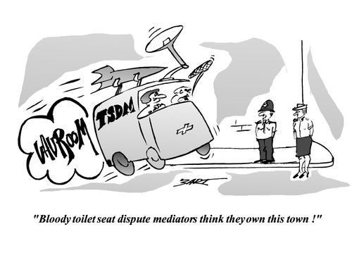 Bloody toilet seat dispute mediators.