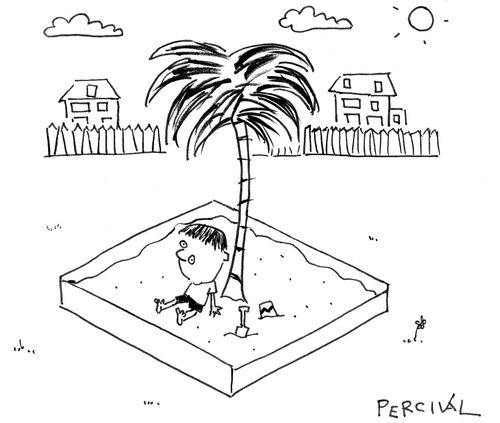Desert island sand pit with a little boy stranded.
