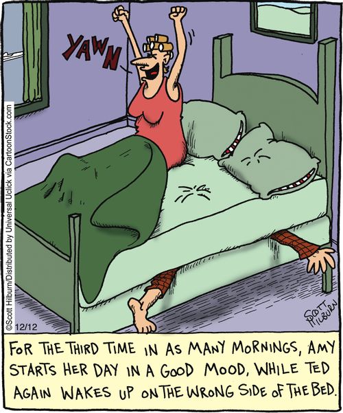 For the Third time in as many mornings, Amy starts her day in a good mood, while Ted again wakes up on the wrong side of the bed.