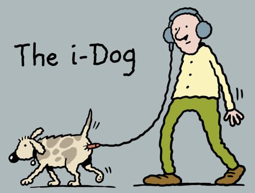 Man walking dog with headphones plugged into dog.