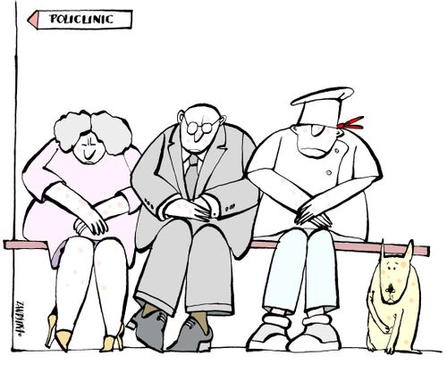 Chef and restaurant patrons waiting outside clinic.