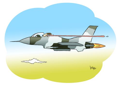Dog flying in military jet with top down.