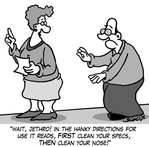 'Wait, Jethro! In the hanky directions for use it reads, FIRST clean your specs, THEN clean your nose!'