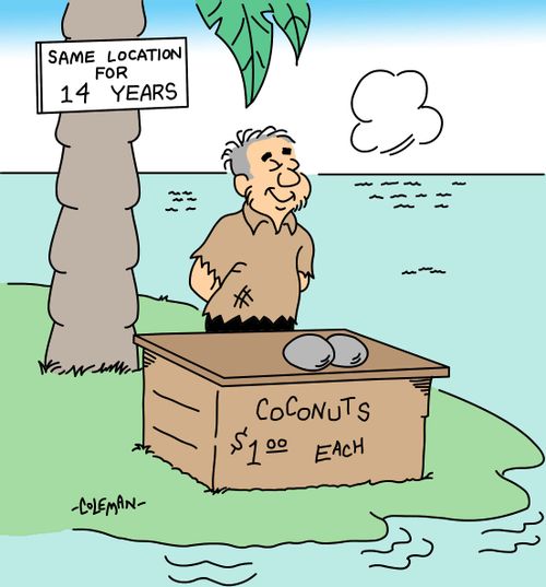 Man stranded on island selling coconuts. Advertises same location 14 years.