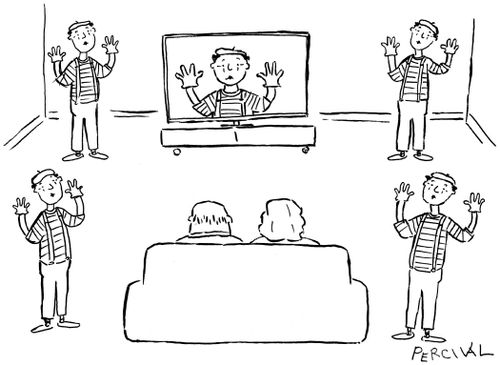 A couple watch a mime on TV surrounded by mimes.