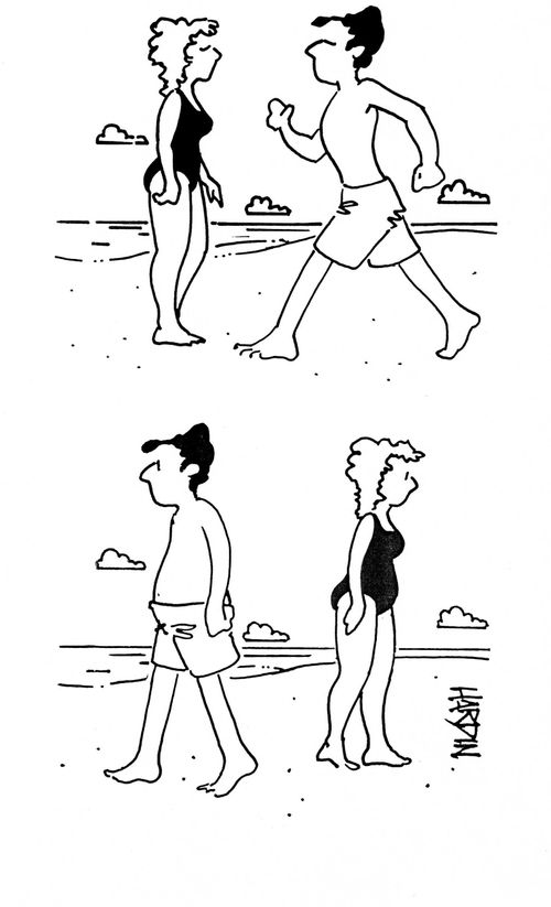 Man and Woman suck in their stomachs in order to impress.