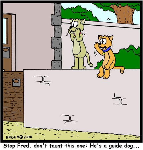 'Stop Fred, don't taunt this one: He's a guide dog...'