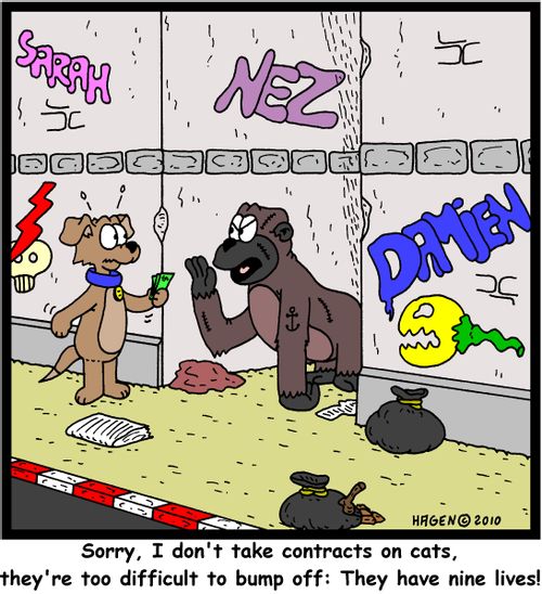 'Sorry, I don't take contracts on cats, they're too difficult to bump off: They have nine lives!'
