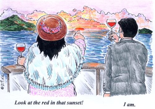 A traveler comments on the red in the sunset. A wine drinker misunderstands, thinking the traveler is referring to the red wine.