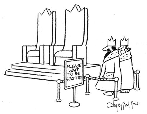 King and queen waiting to be seated.