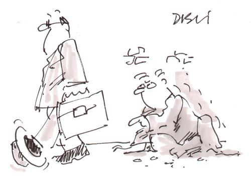 Man treading on a beggar's hat.