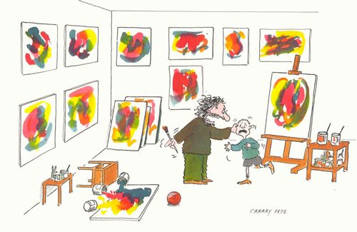 Abstract artist scolding his son for spilling paint.