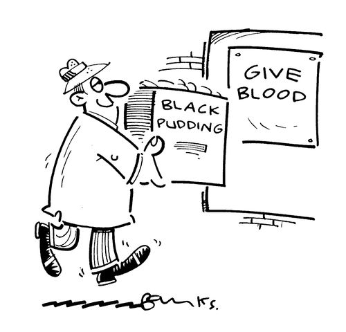 Man taking Black Pudding to a Blood Bank