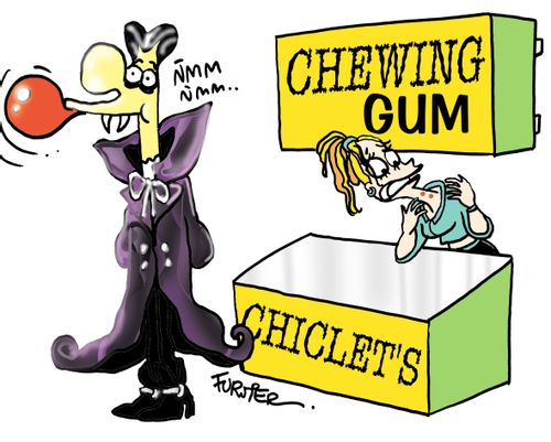 Vampire attacking a chewing gum salesperson.