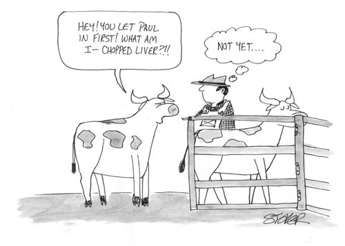 'Hey! You let Paul in first! What am I - chopped liver?!...'